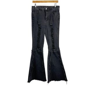 Almost Famous Juniors Distressed Flared Jeans Size 9 Black Stretch Denim Raw Hem